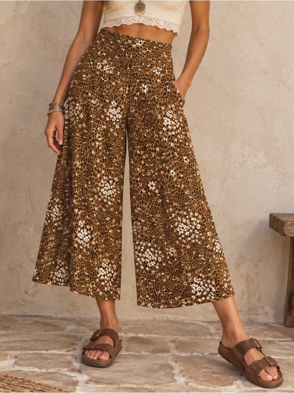🐆 Free People Leopard Floral Cropped Wide Leg Pants Boho S